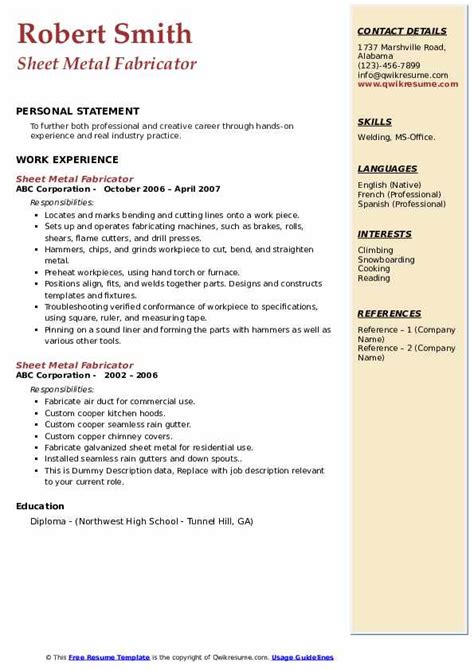 sample resume sheet metal fabrication|fabricator resume sample pdf.